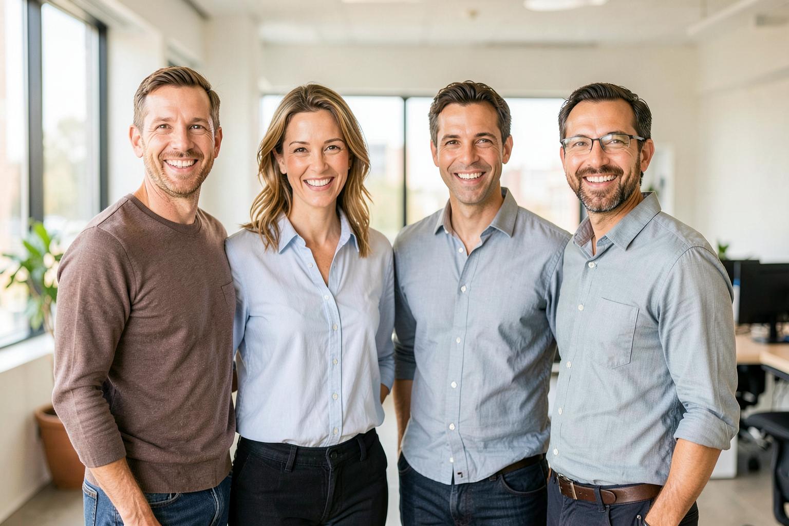 Équipe immobilière souriante et dynamique dans une agence moderne et lumineuse