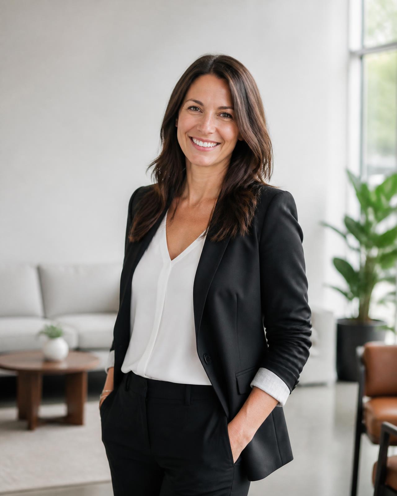 Conseillère immobilière souriante dans une agence lumineuse